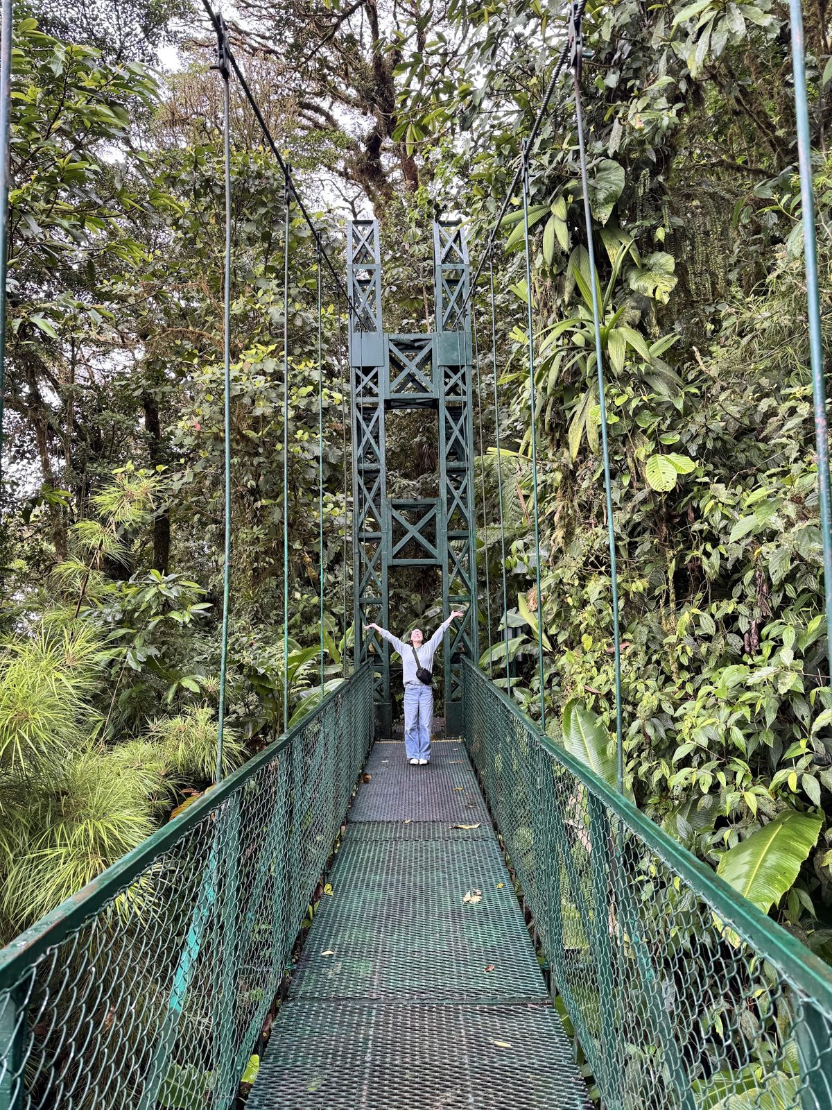 Laura standing with arms raised on a suspension bridge in a forest
