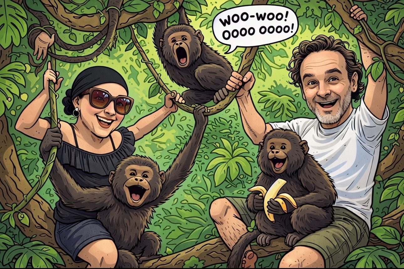 A playful cartoon of Laura and Chad in the jungle with monkeys