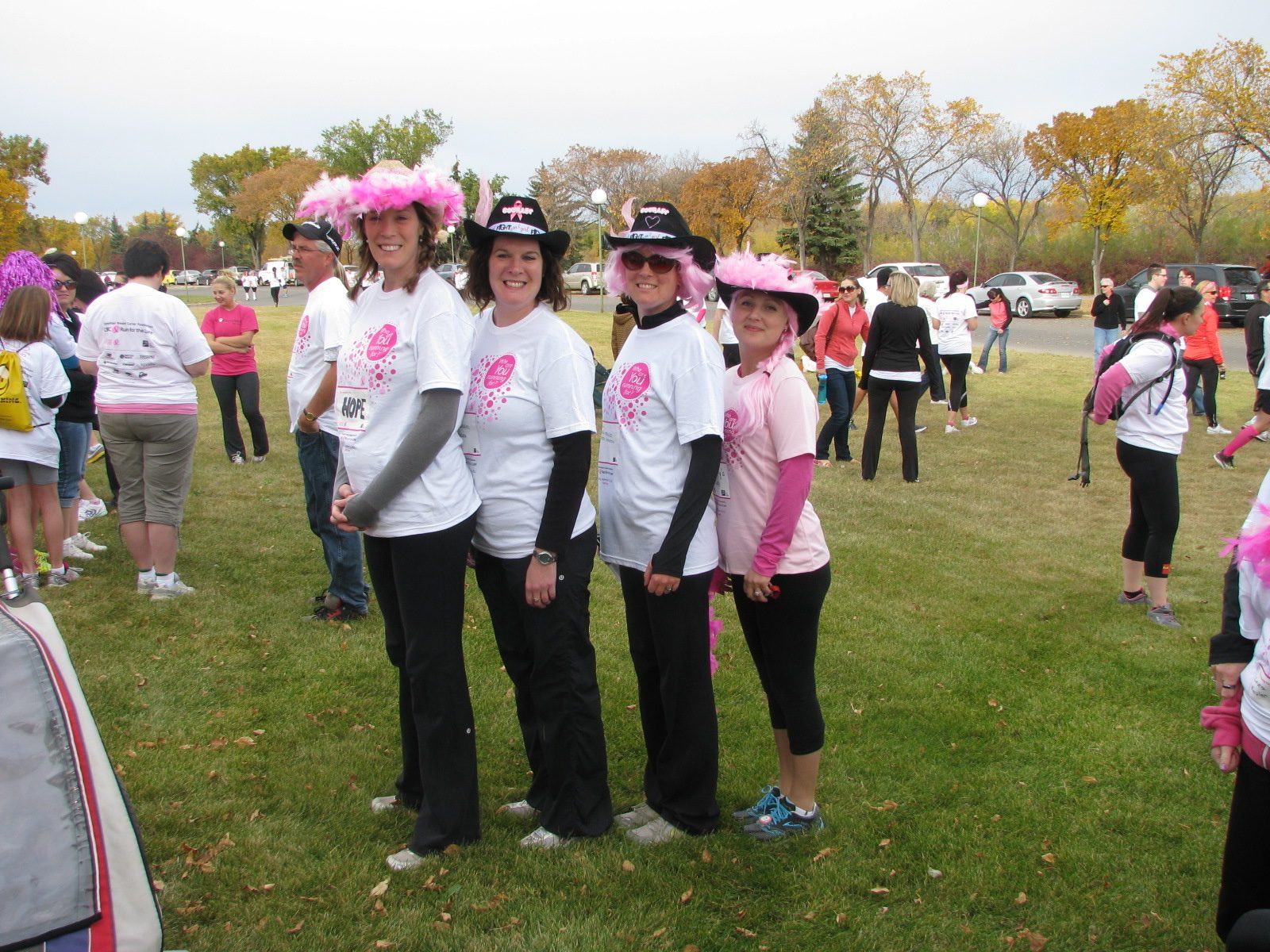 Laura’s team in pink hats and shirts at a fundraising walk